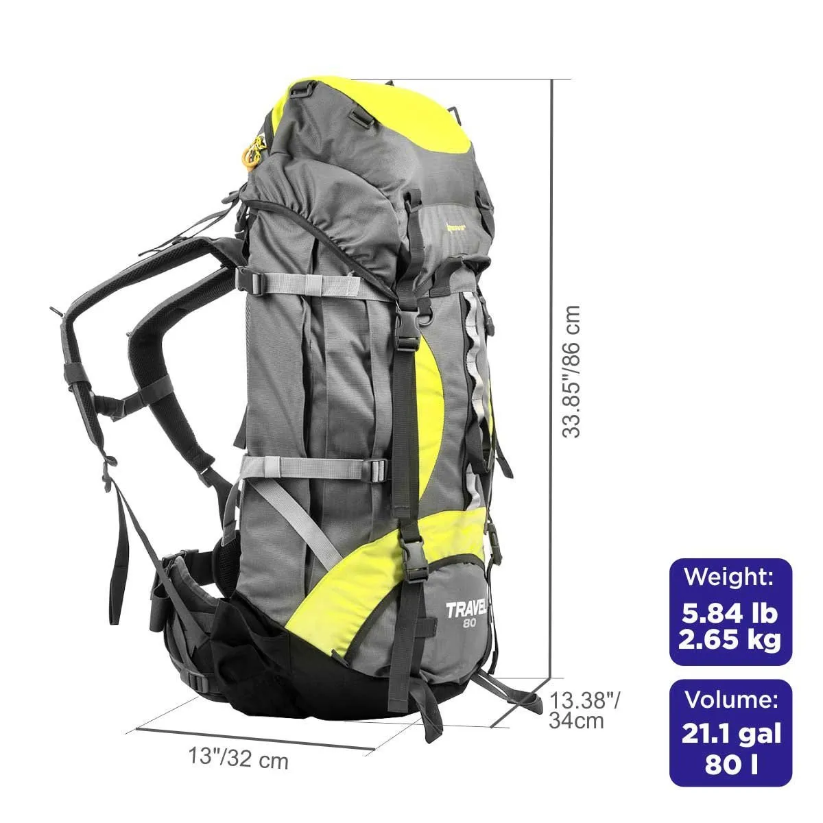 80 Liter Large Multi Day Framed Backpack for Hiking with Height-Adjustable Back