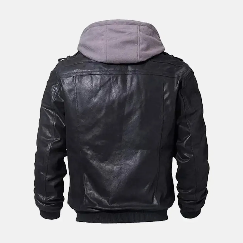 Asphalt Mens Leather Motorcycle Jacket with Removeable Hood