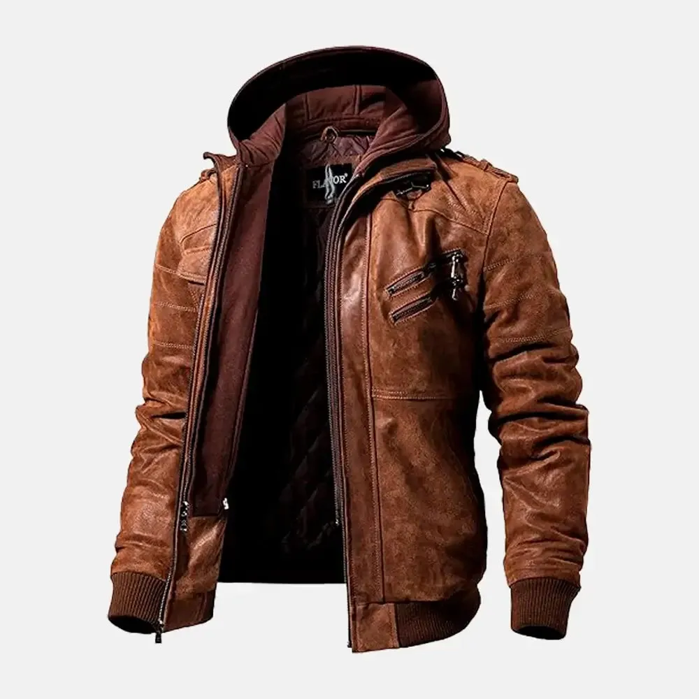 Asphalt Mens Leather Motorcycle Jacket with Removeable Hood