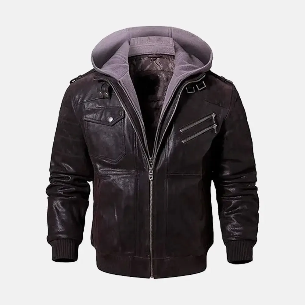 Asphalt Mens Leather Motorcycle Jacket with Removeable Hood