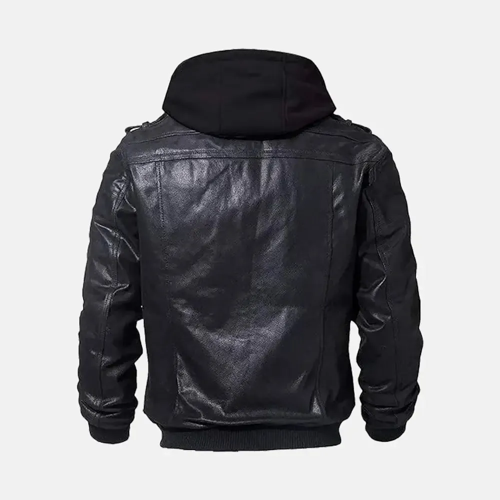 Asphalt Mens Leather Motorcycle Jacket with Removeable Hood