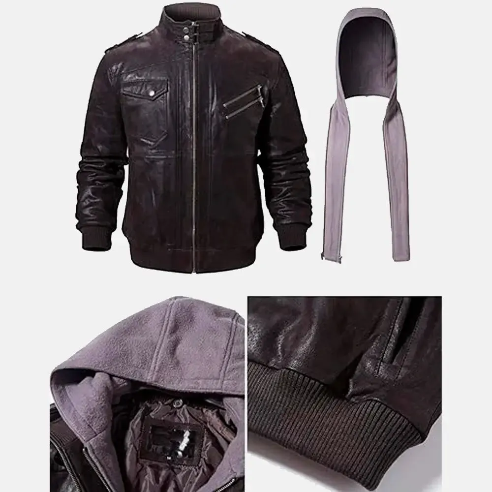 Asphalt Mens Leather Motorcycle Jacket with Removeable Hood