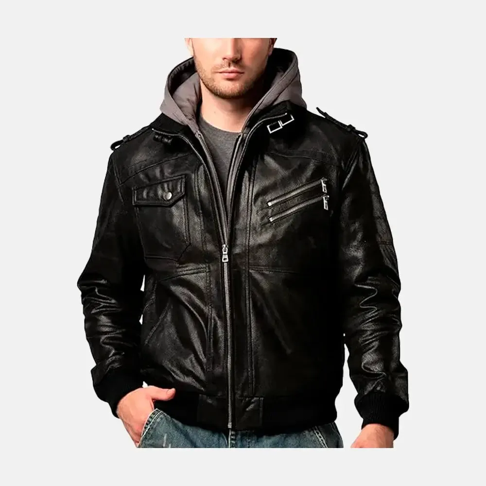 Asphalt Mens Leather Motorcycle Jacket with Removeable Hood