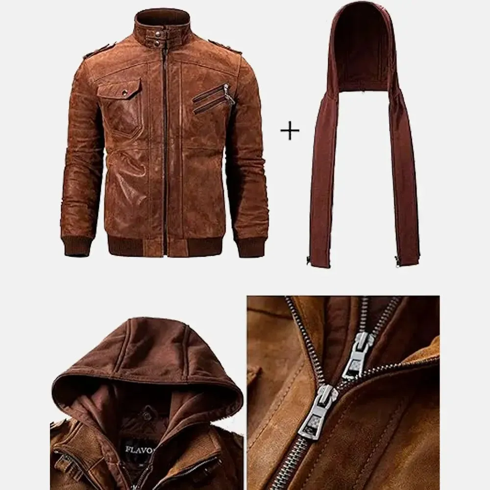 Asphalt Mens Leather Motorcycle Jacket with Removeable Hood