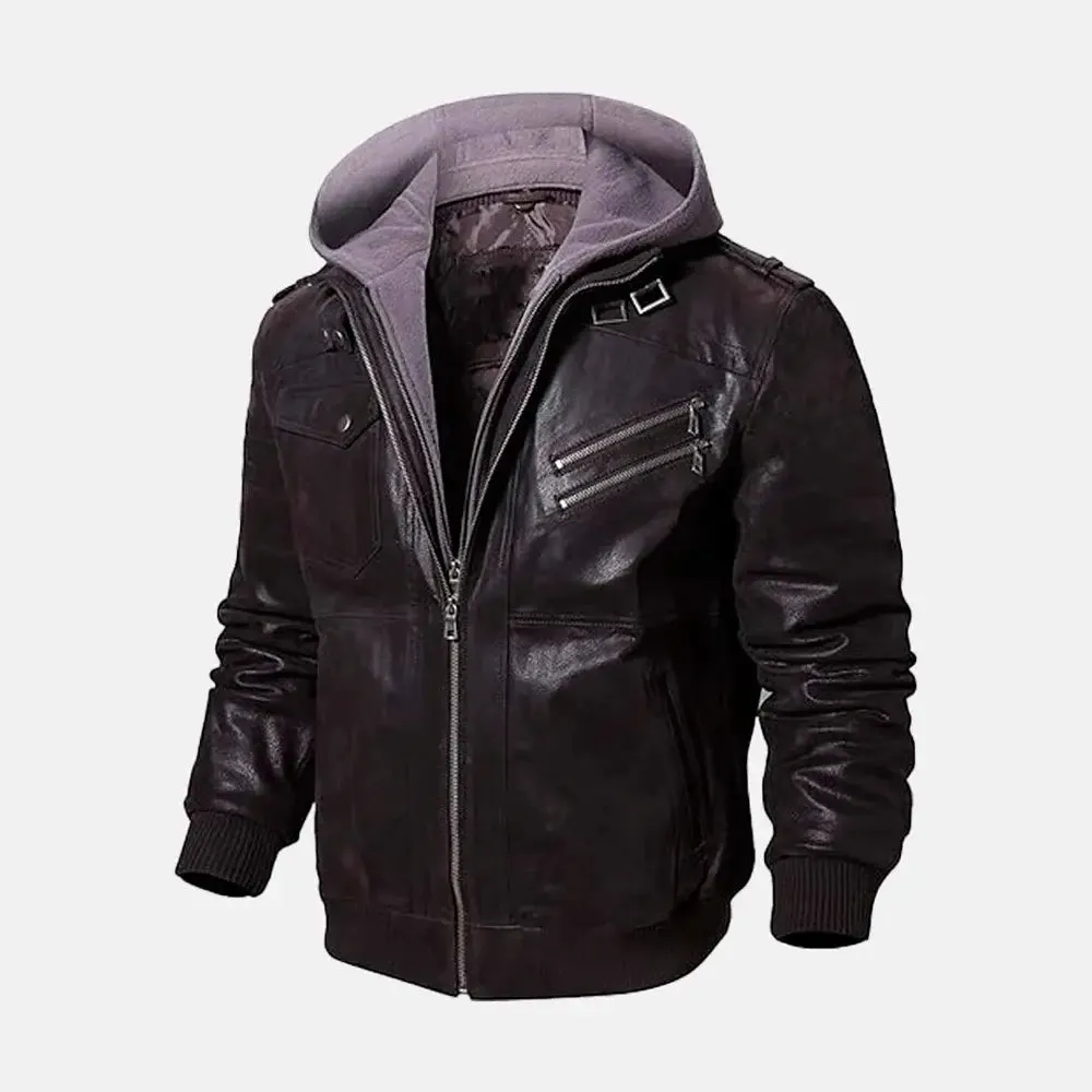 Asphalt Mens Leather Motorcycle Jacket with Removeable Hood