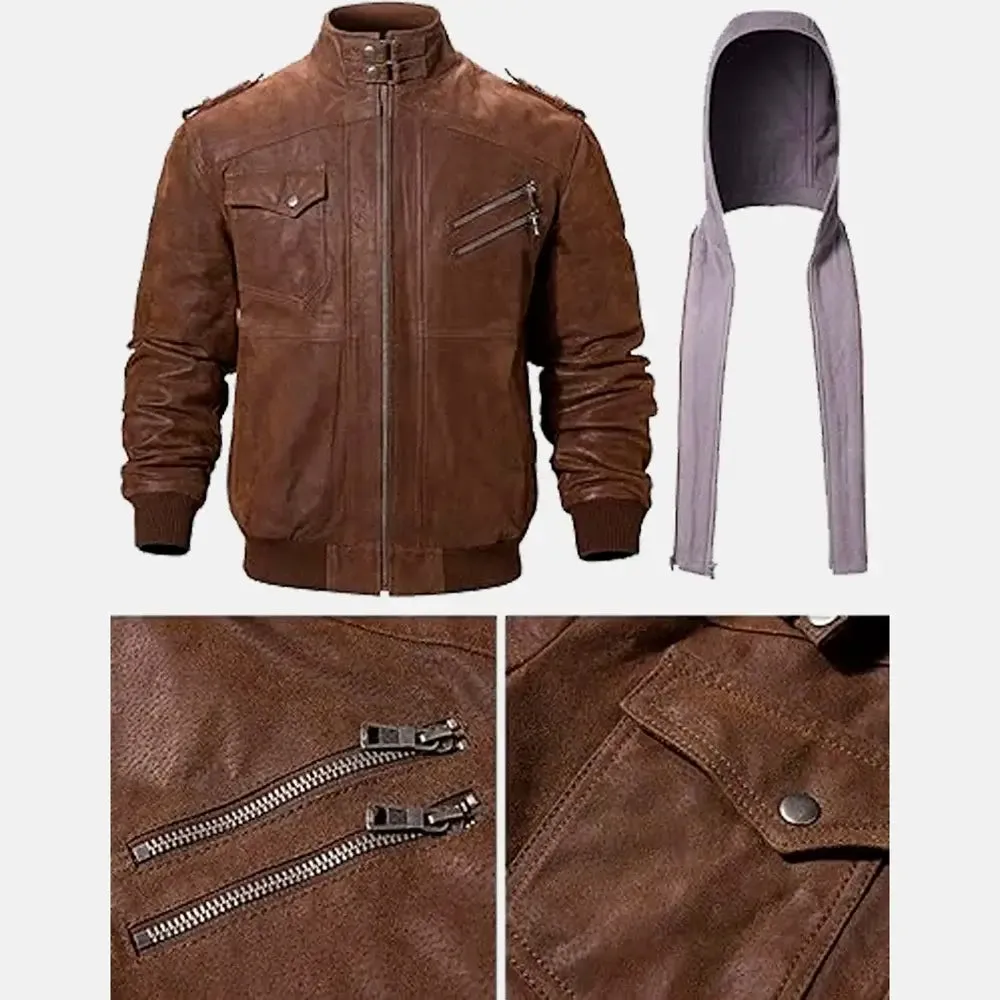 Asphalt Mens Leather Motorcycle Jacket with Removeable Hood