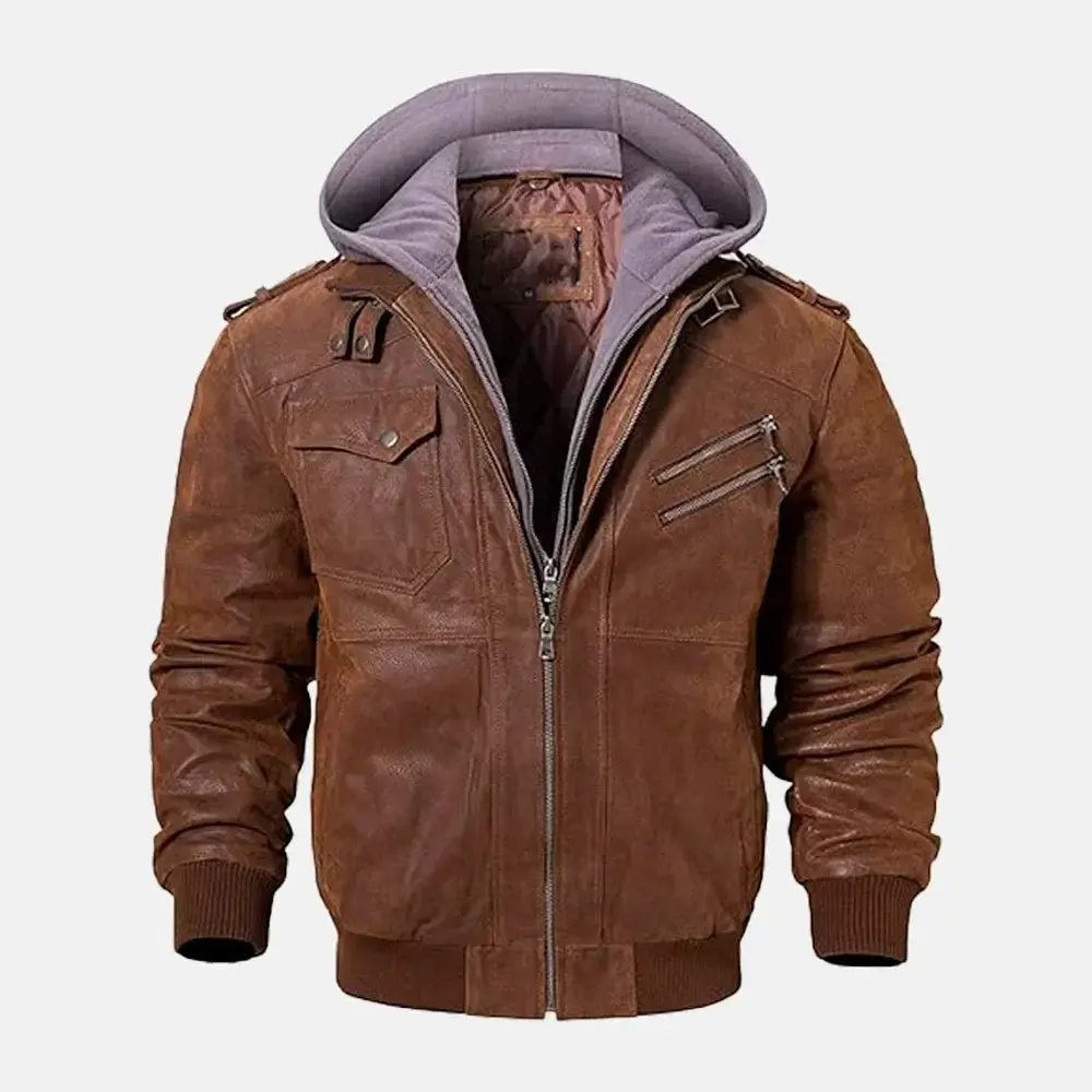 Asphalt Mens Leather Motorcycle Jacket with Removeable Hood