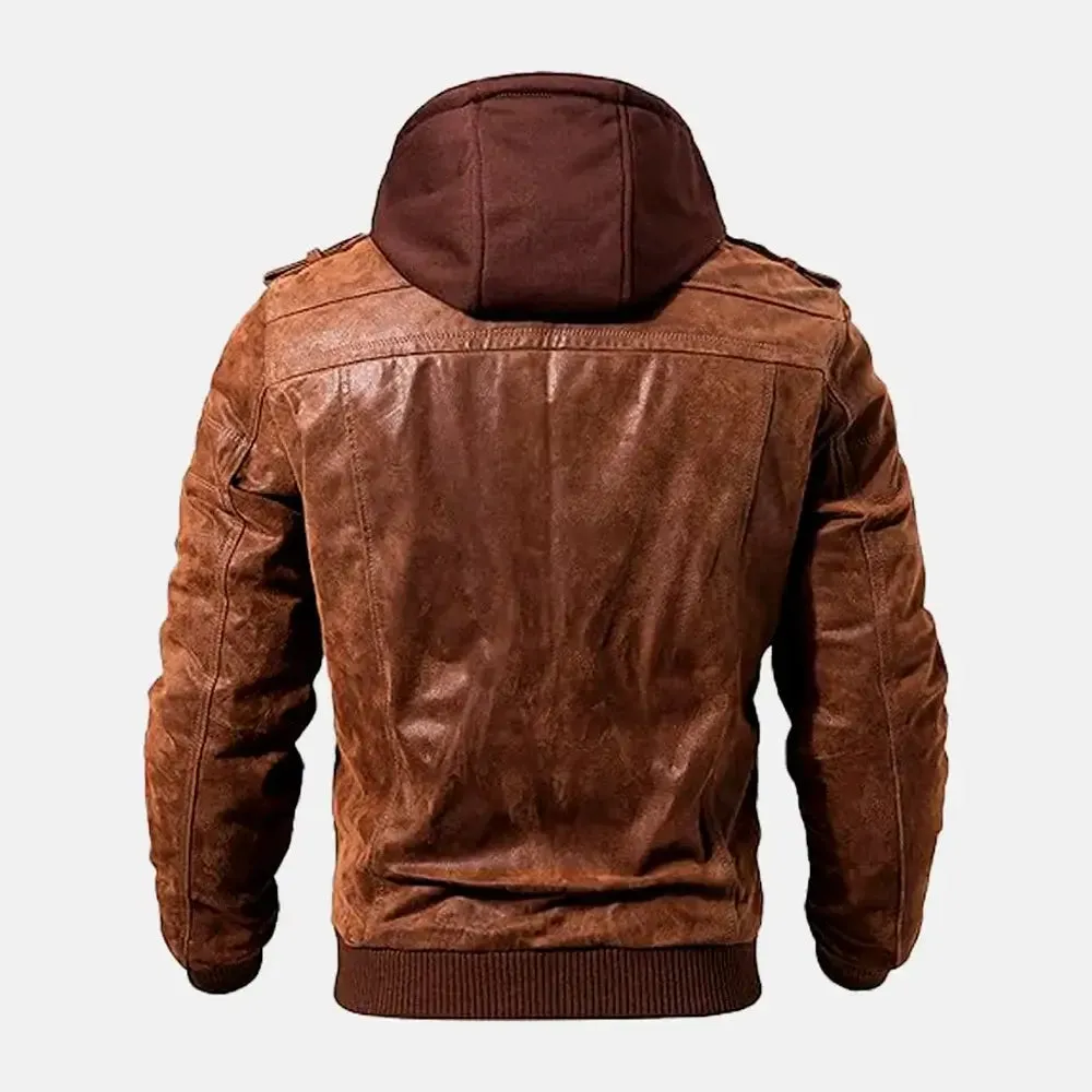 Asphalt Mens Leather Motorcycle Jacket with Removeable Hood