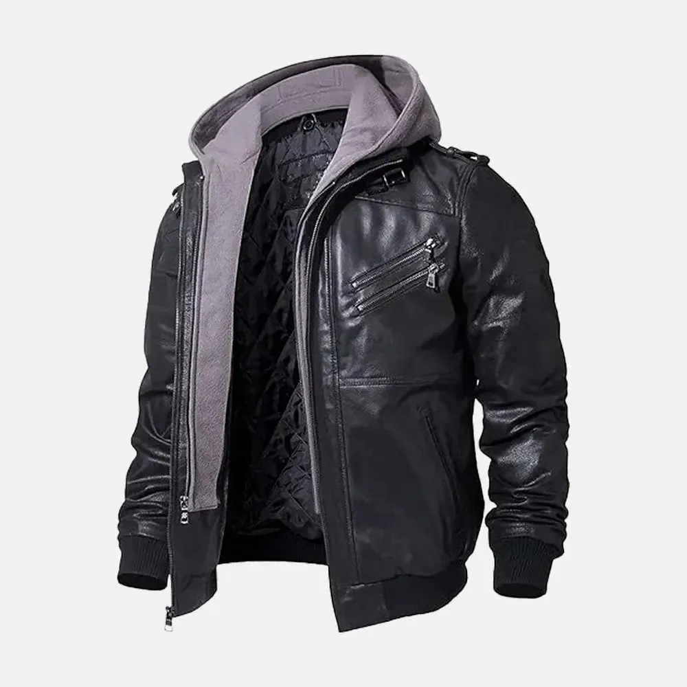 Asphalt Mens Leather Motorcycle Jacket with Removeable Hood