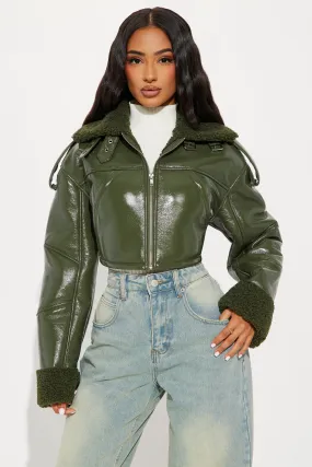 Bad Influence Faux Leather Cropped Jacket - Olive