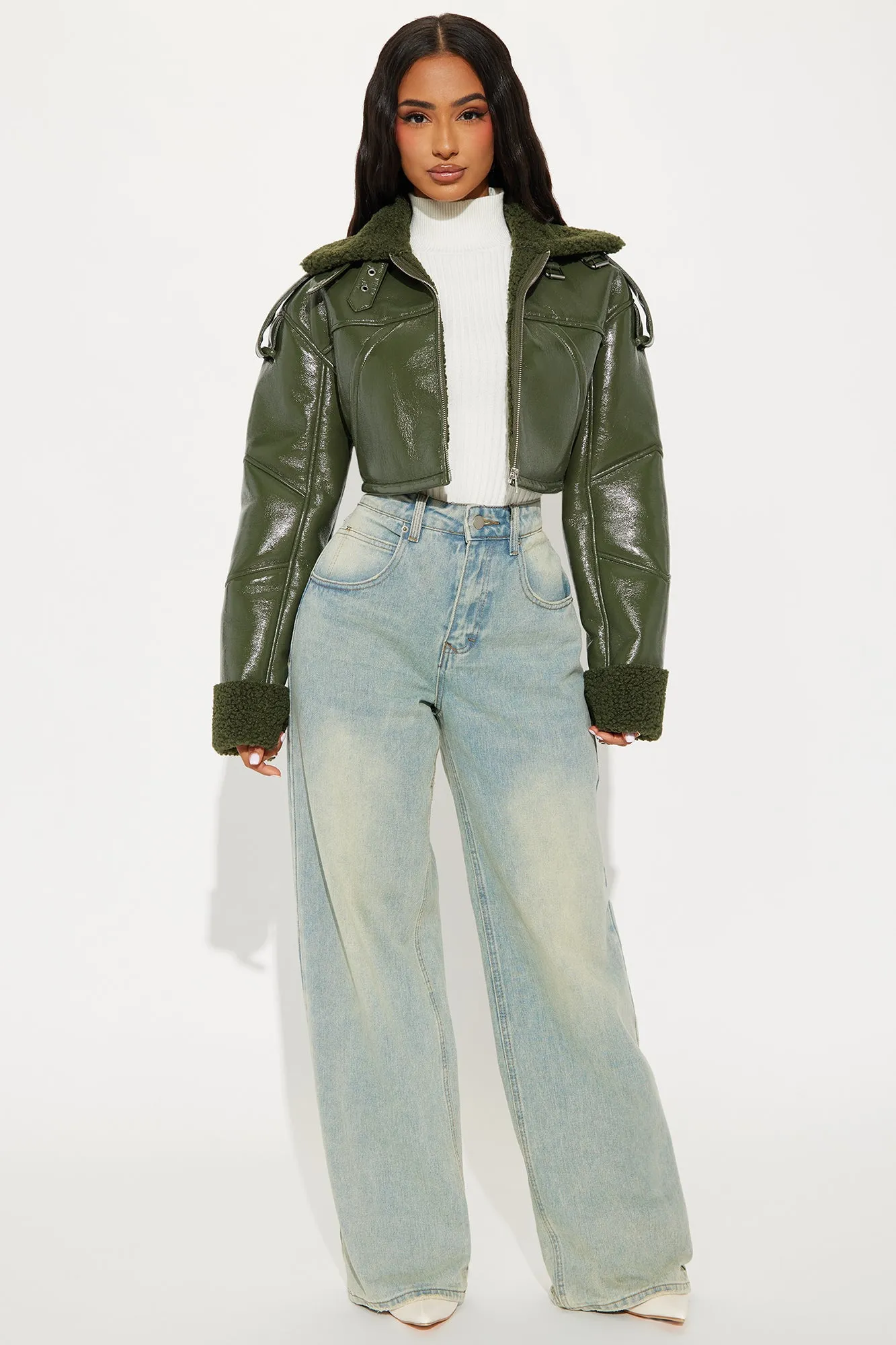 Bad Influence Faux Leather Cropped Jacket - Olive