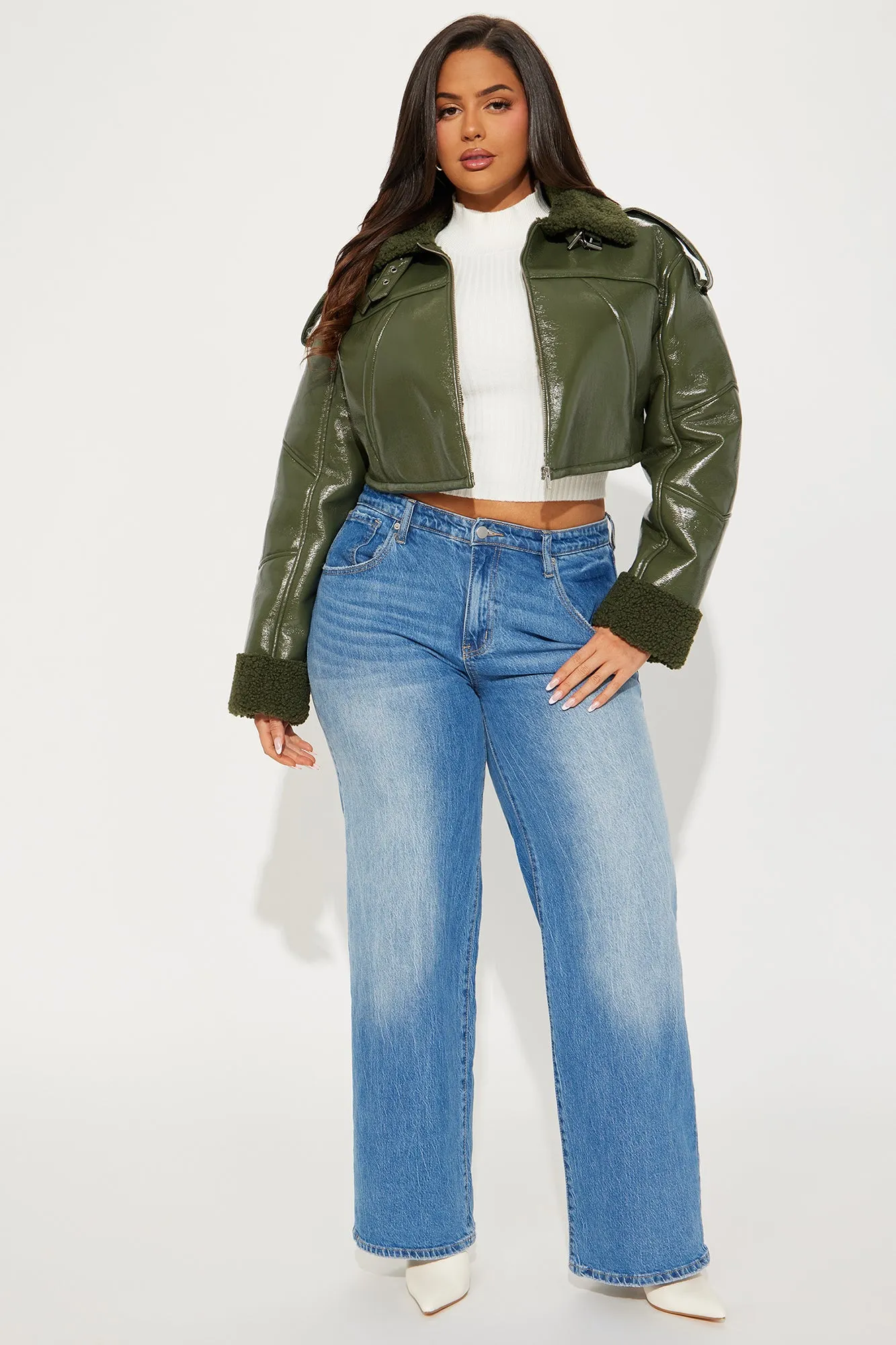 Bad Influence Faux Leather Cropped Jacket - Olive