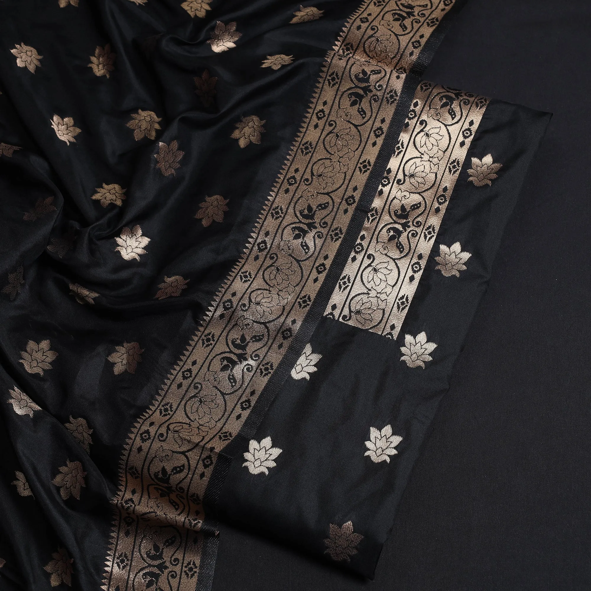 Black - 2pc Paithani Weave Silk Suit Material Set 08