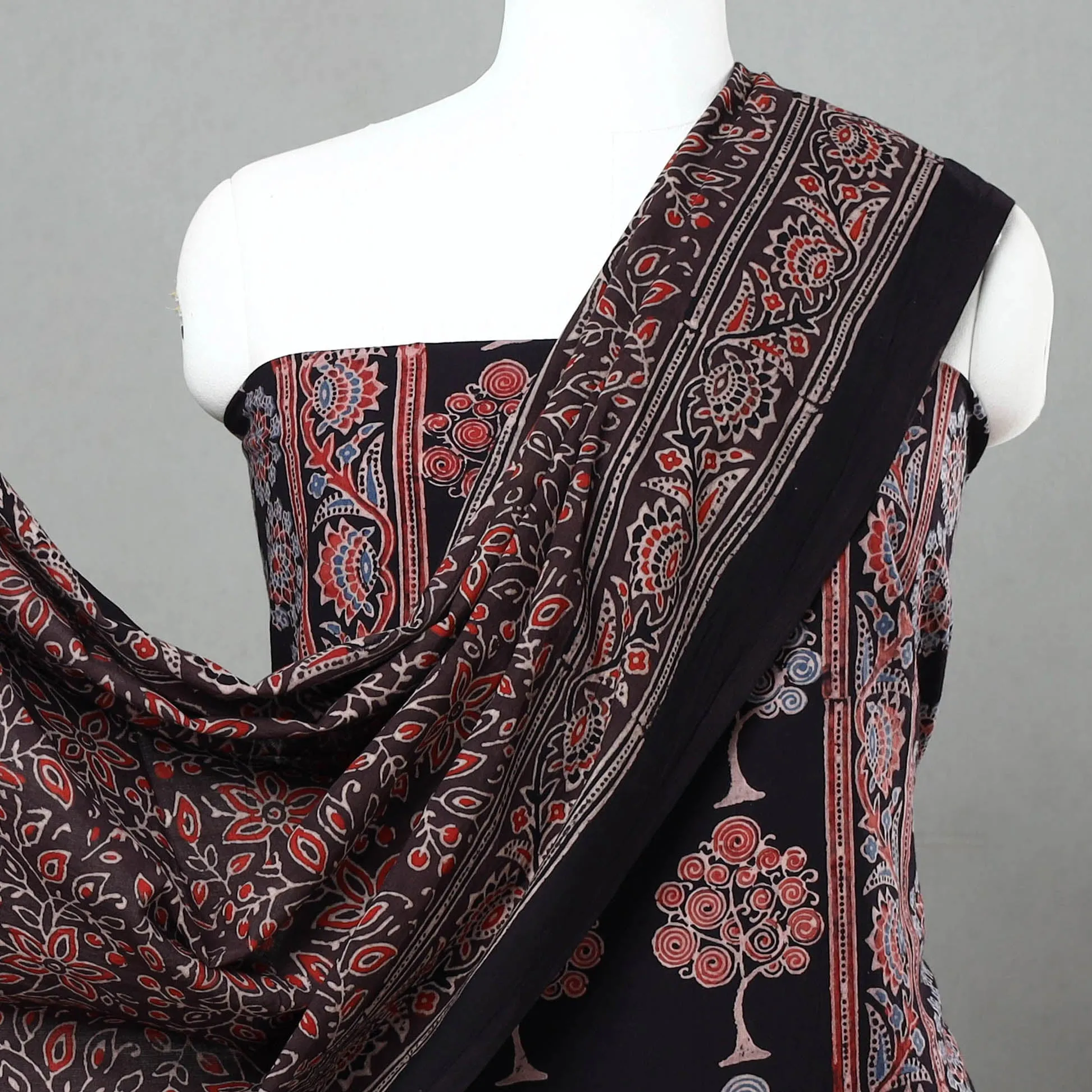 Black - 3pc Ajrakh Block Printed Natural Dyed Cotton Suit Material Set 01