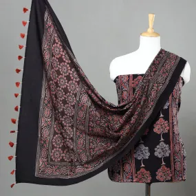 Black - 3pc Ajrakh Block Printed Natural Dyed Cotton Suit Material Set 01