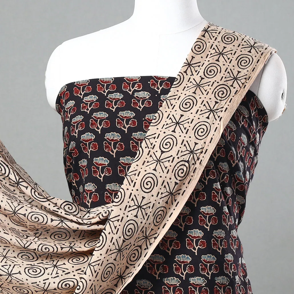 Black - 3pc Ajrakh Block Printed Natural Dyed Cotton Suit Material Set 02