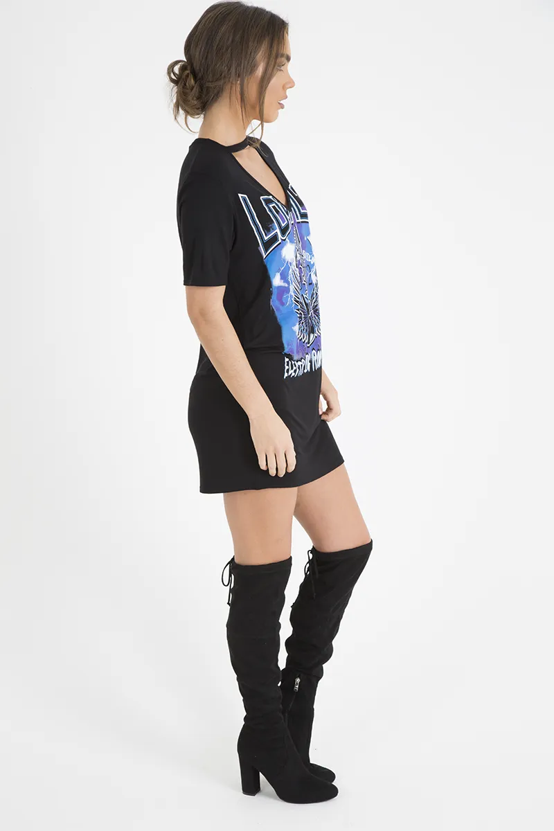 Black Choker Neck Loyalty T-shirt Dress - Una