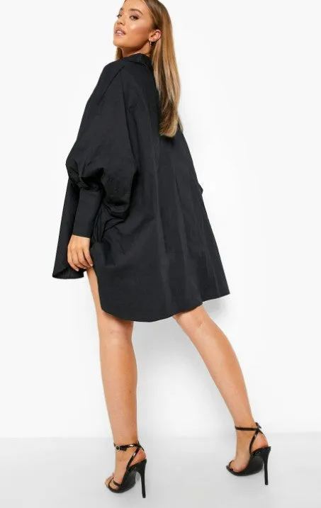 Black Oversized Batwing Balloon Sleeve Shirt Dress