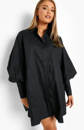 Black Oversized Batwing Balloon Sleeve Shirt Dress