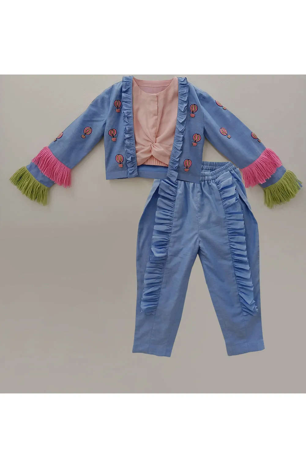 Blue and pink hot air balloon embroidered jacket with crop top sets