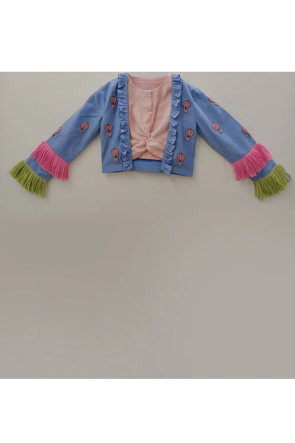 Blue and pink hot air balloon embroidered jacket with crop top sets