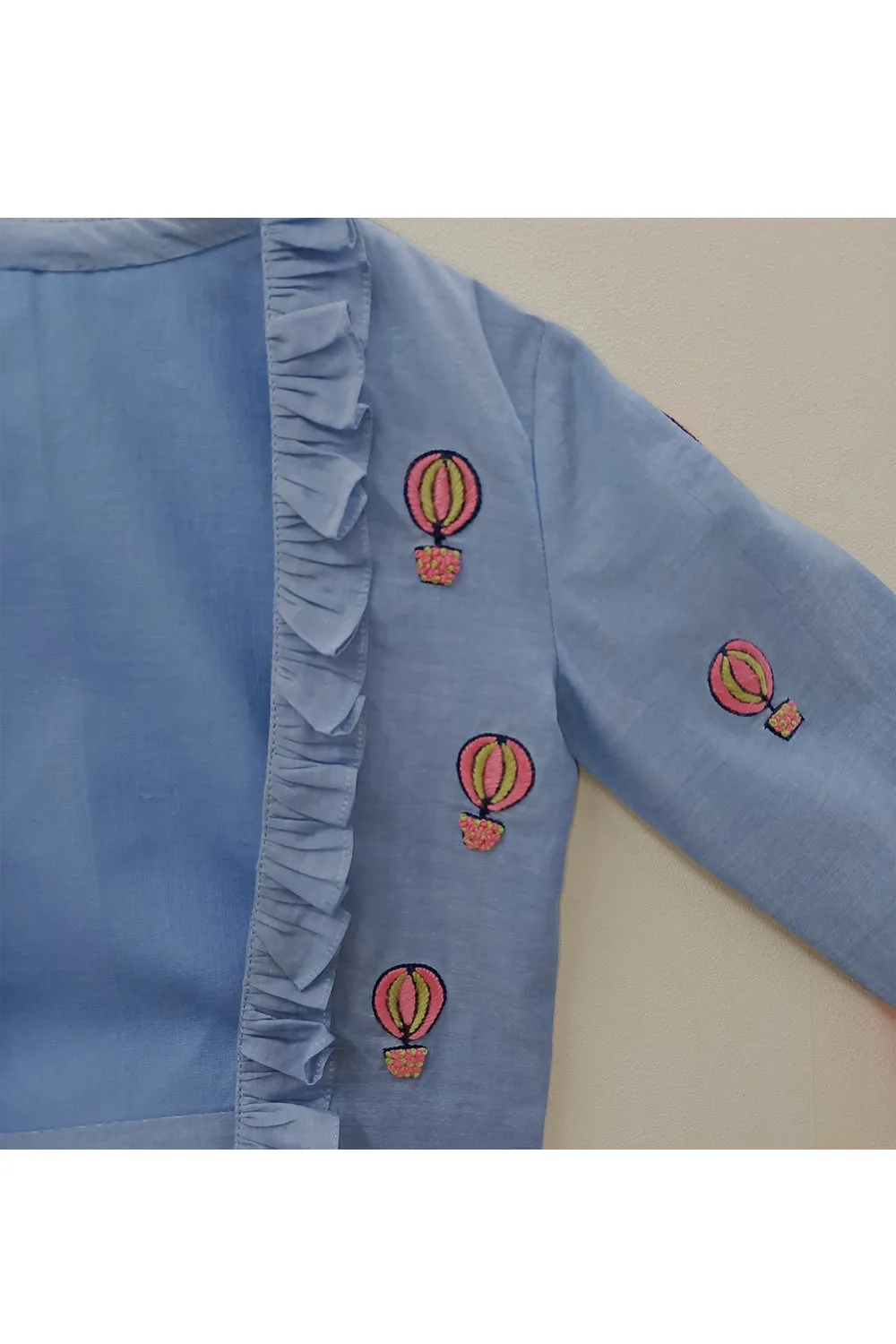 Blue and pink hot air balloon embroidered jacket with crop top sets