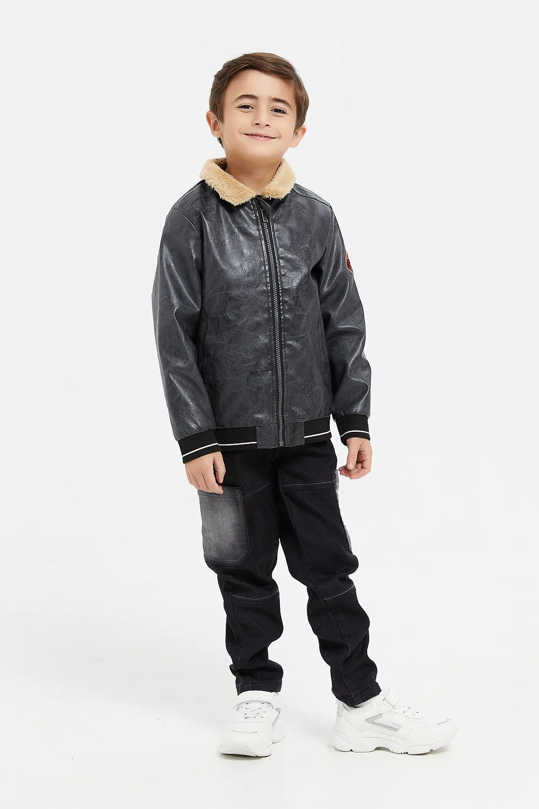 Boys Black Sherpa Collar Jacket