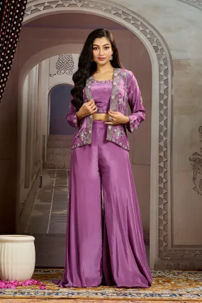 Bright Purple Embellished Chinon Silk Jacket Sharara Set