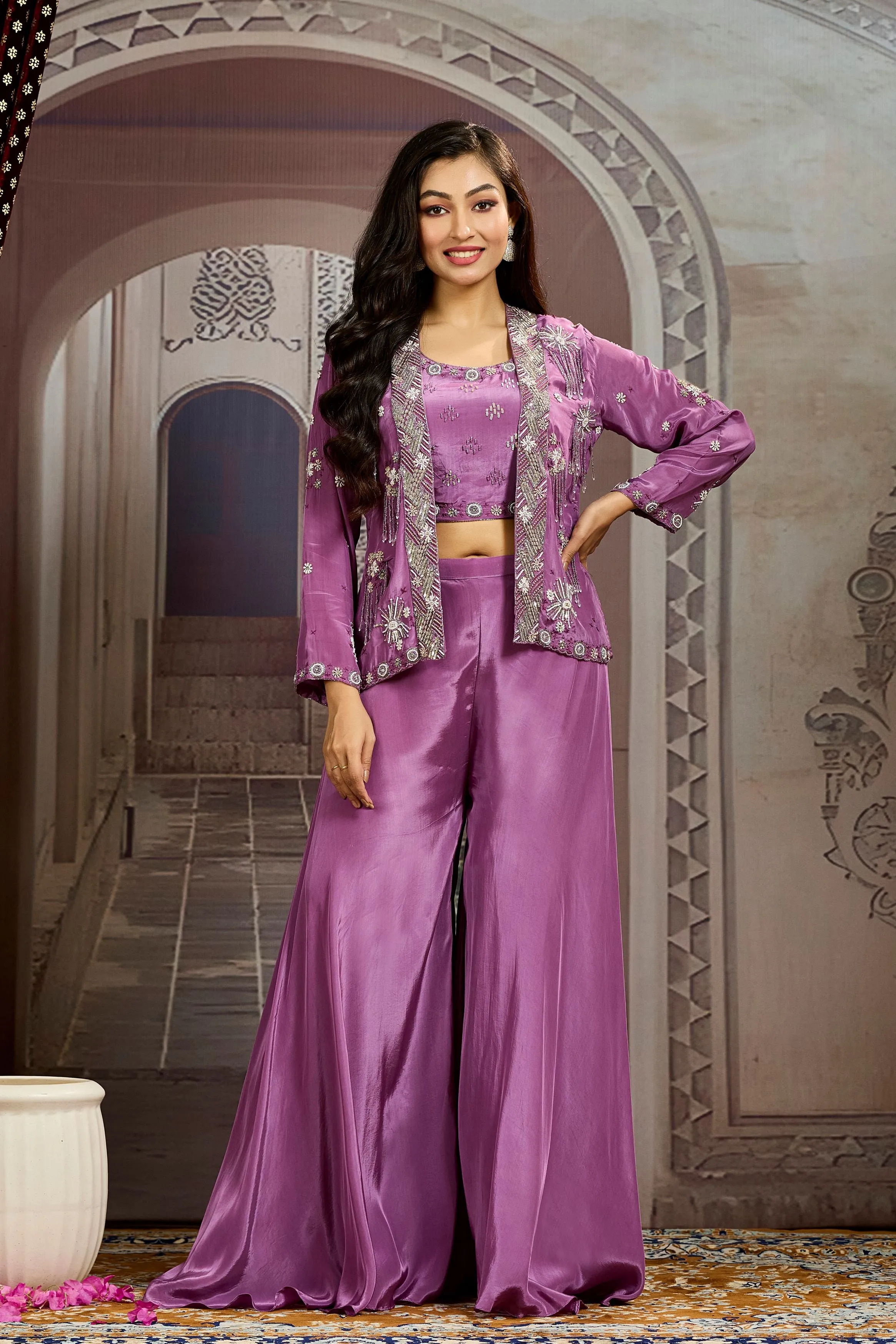 Bright Purple Embellished Chinon Silk Jacket Sharara Set