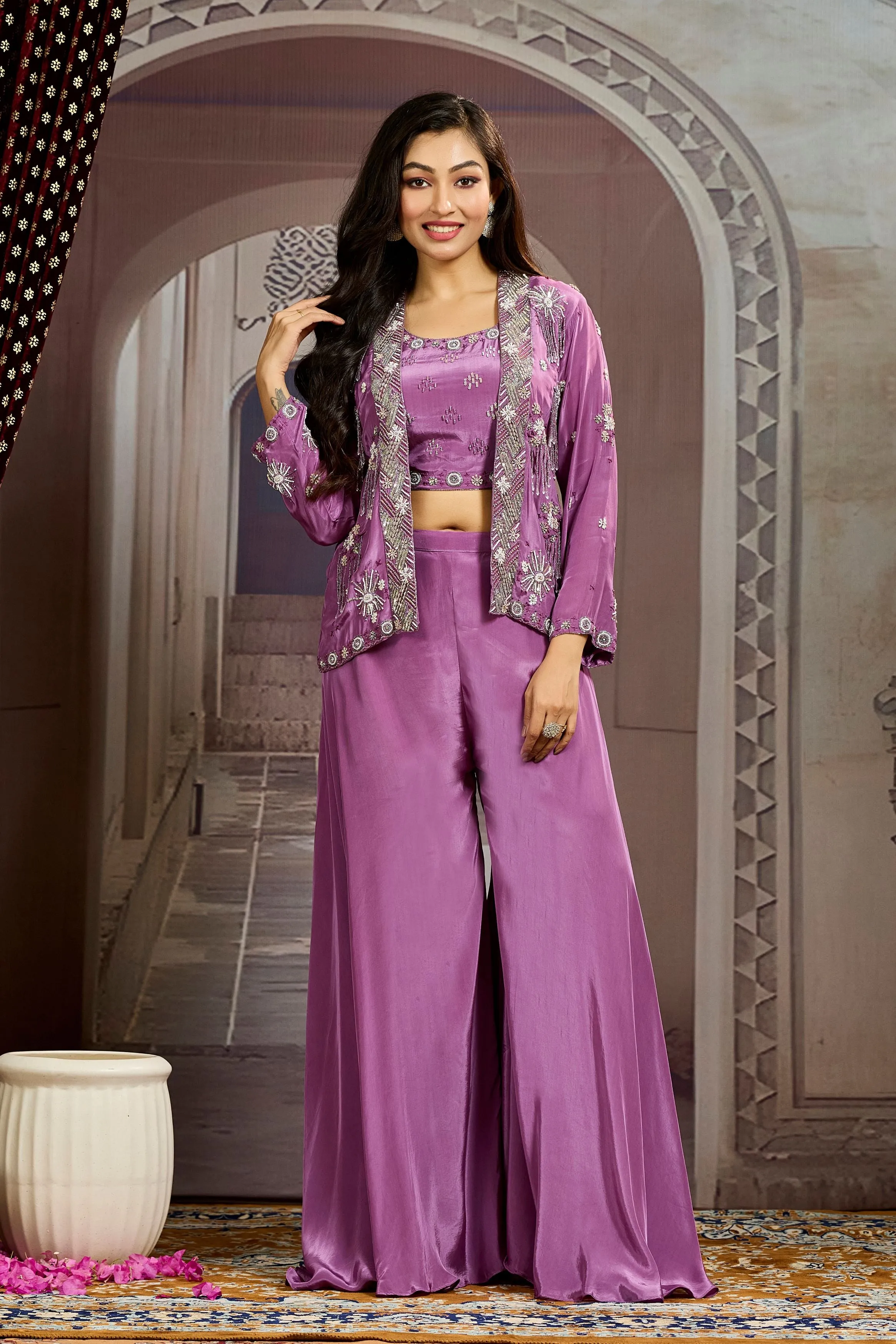 Bright Purple Embellished Chinon Silk Jacket Sharara Set