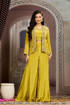 Bright Yellow Embellished Chinon Silk Jacket Sharara Set