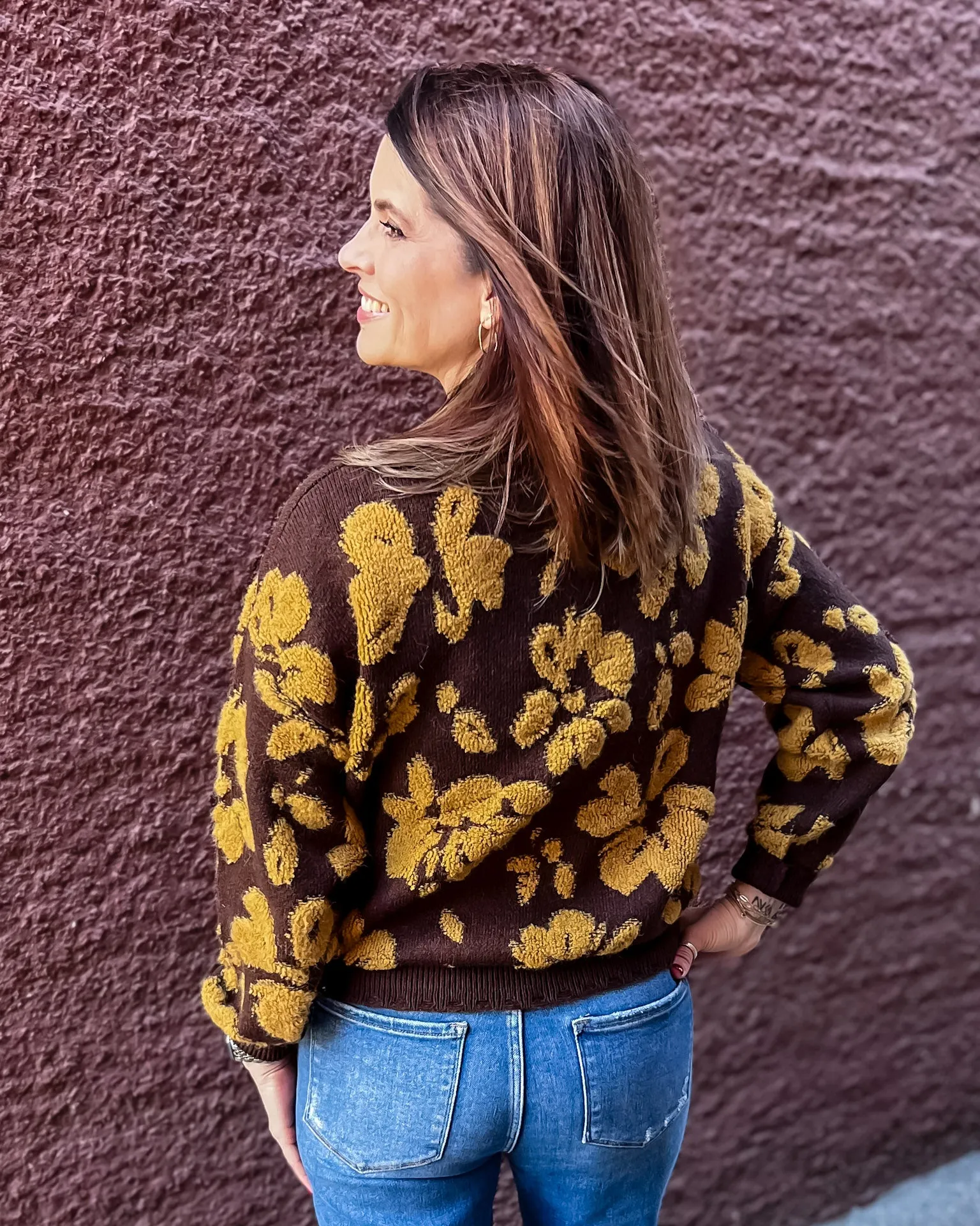 Brown Distressed Floral Sweater