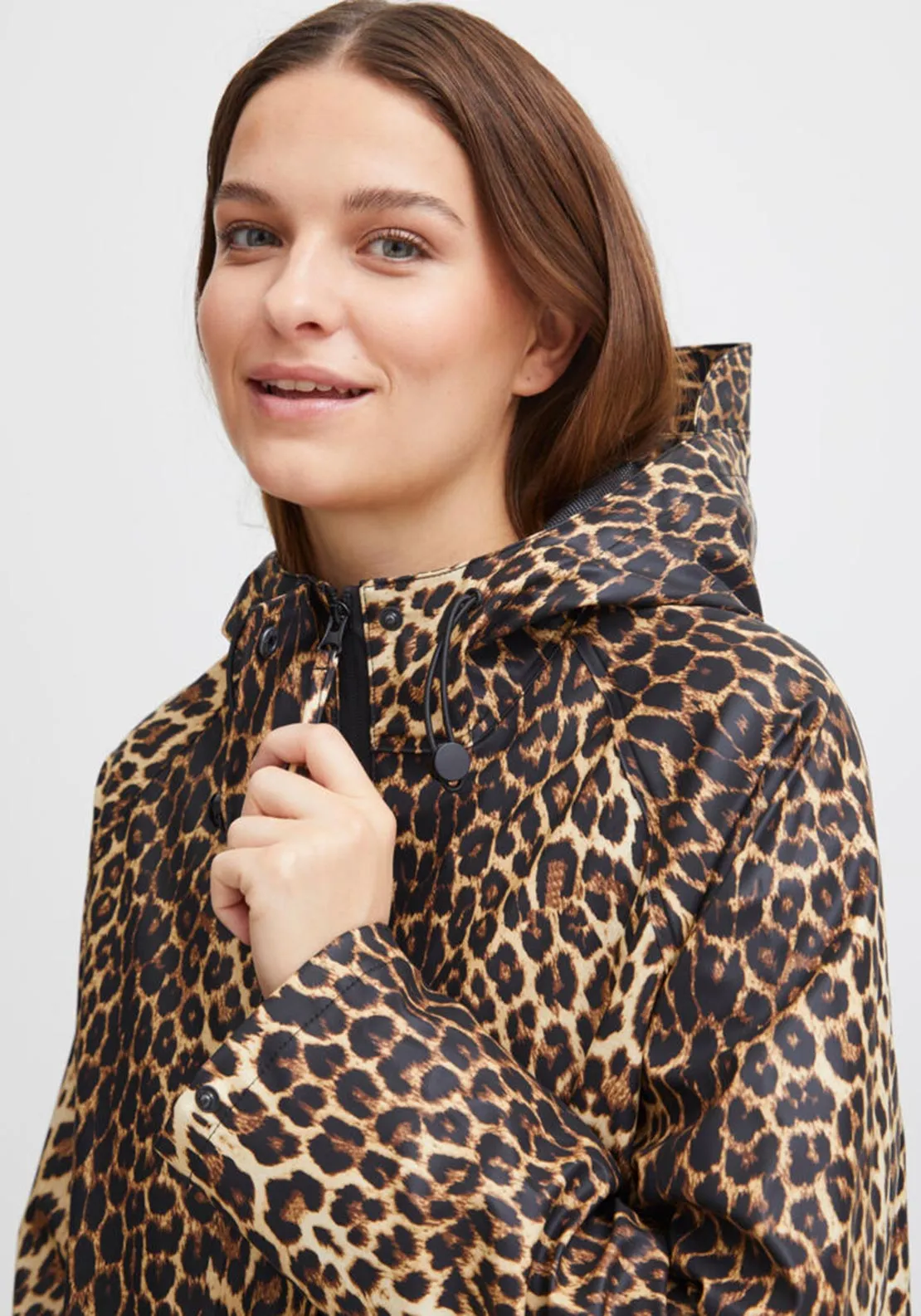 b.young Leopard Print Long Raincoat, Black Multi