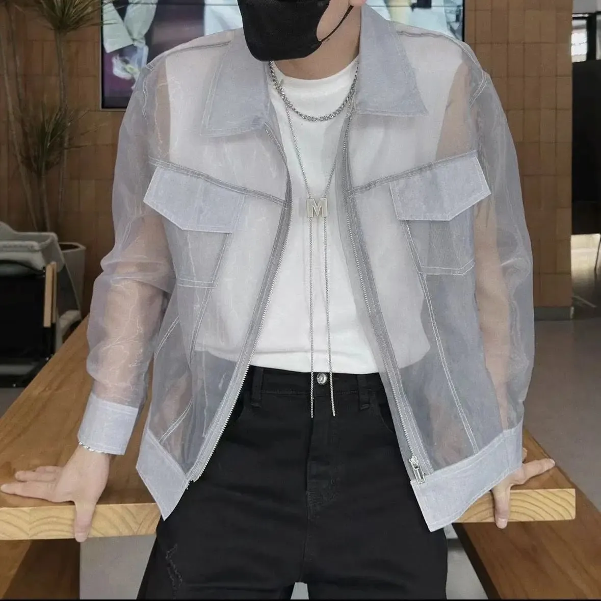 Casual Double Pocket See Through Jacket