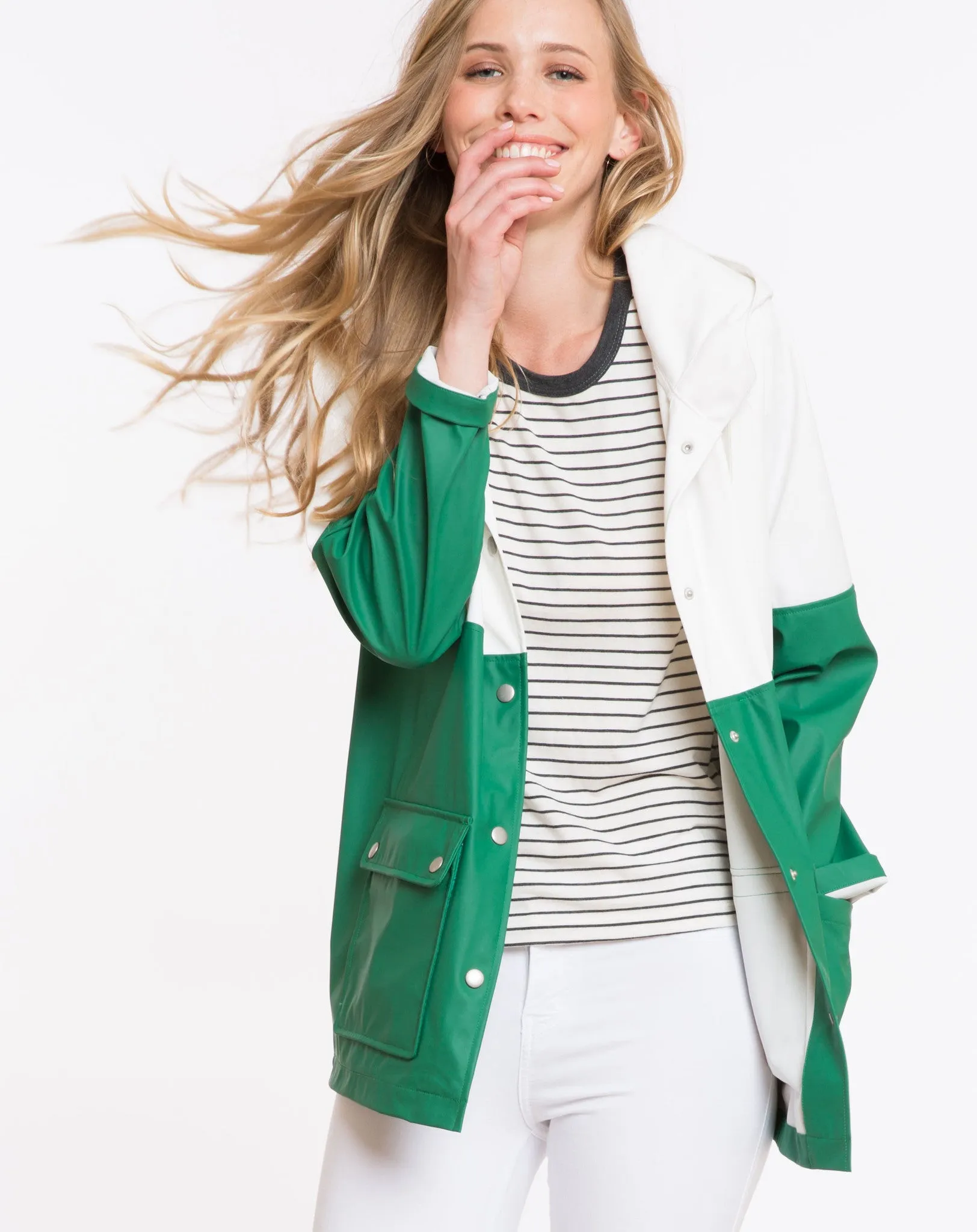 Classic Colorblock Raincoat - Green and White