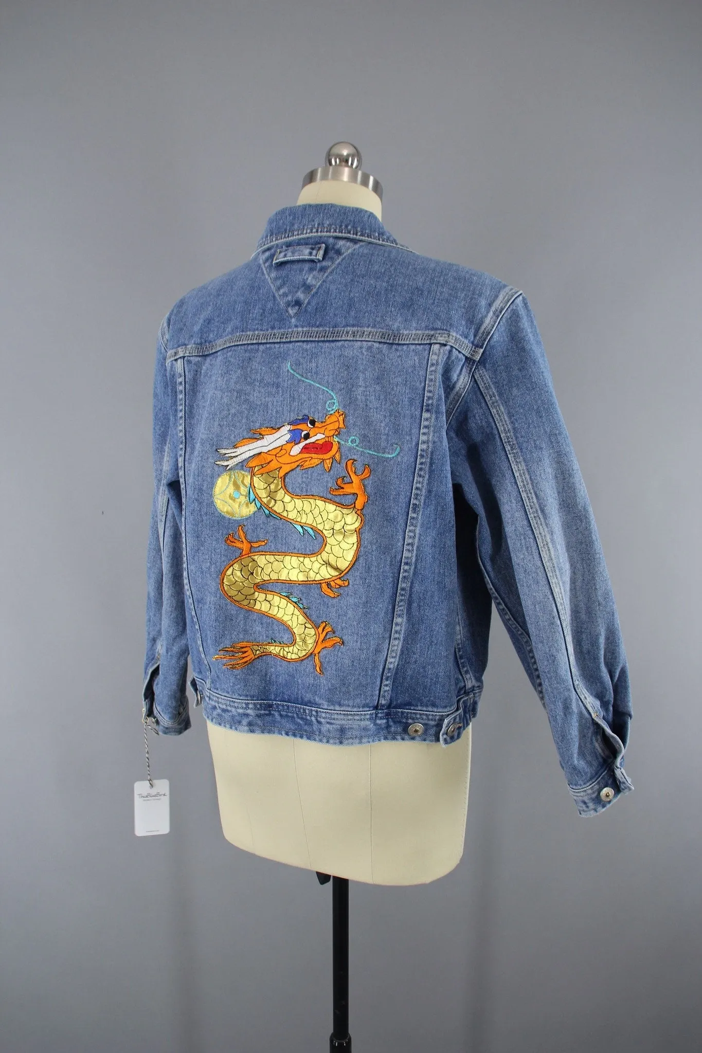 Denim Jean Jacket with Golden Dragon Embroidered Patch