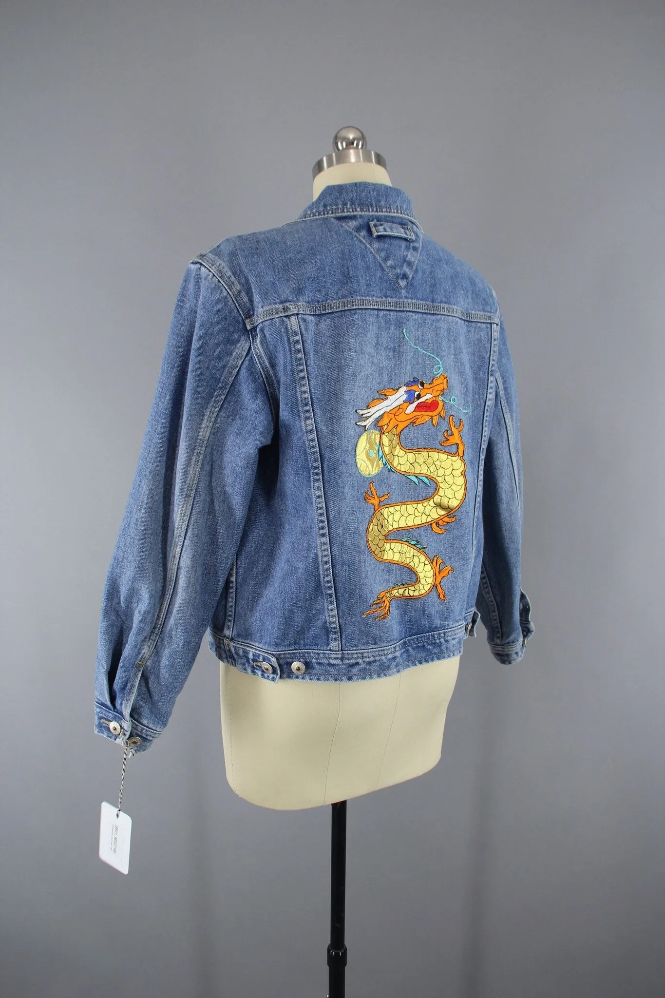 Denim Jean Jacket with Golden Dragon Embroidered Patch