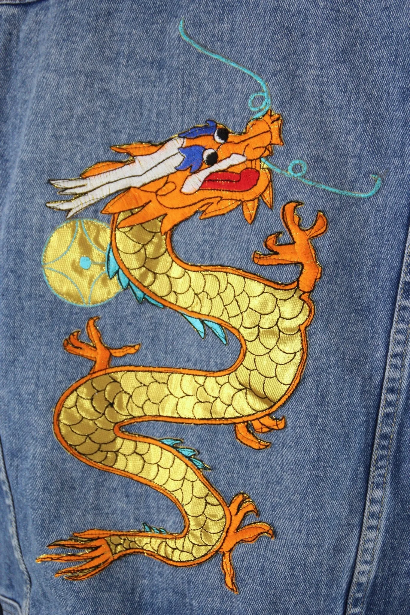 Denim Jean Jacket with Golden Dragon Embroidered Patch