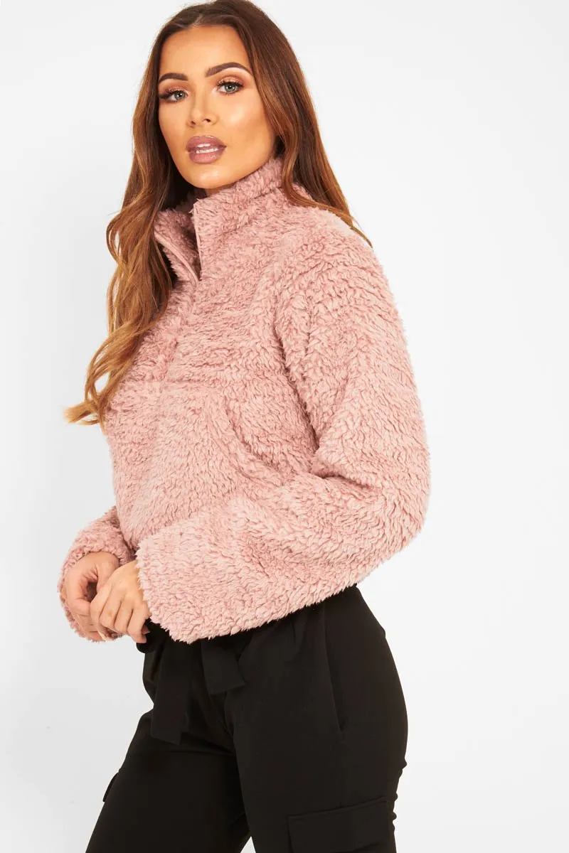 Dusky Pink Borg Zip Front Crop Jacket - Kazi