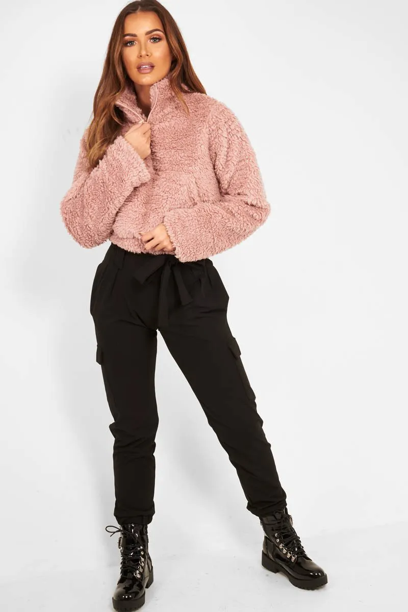 Dusky Pink Borg Zip Front Crop Jacket - Kazi