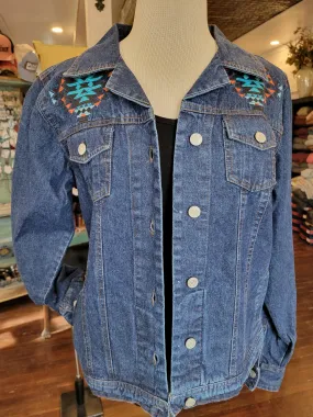 Embroidered Aztec Dark Denim Jacket