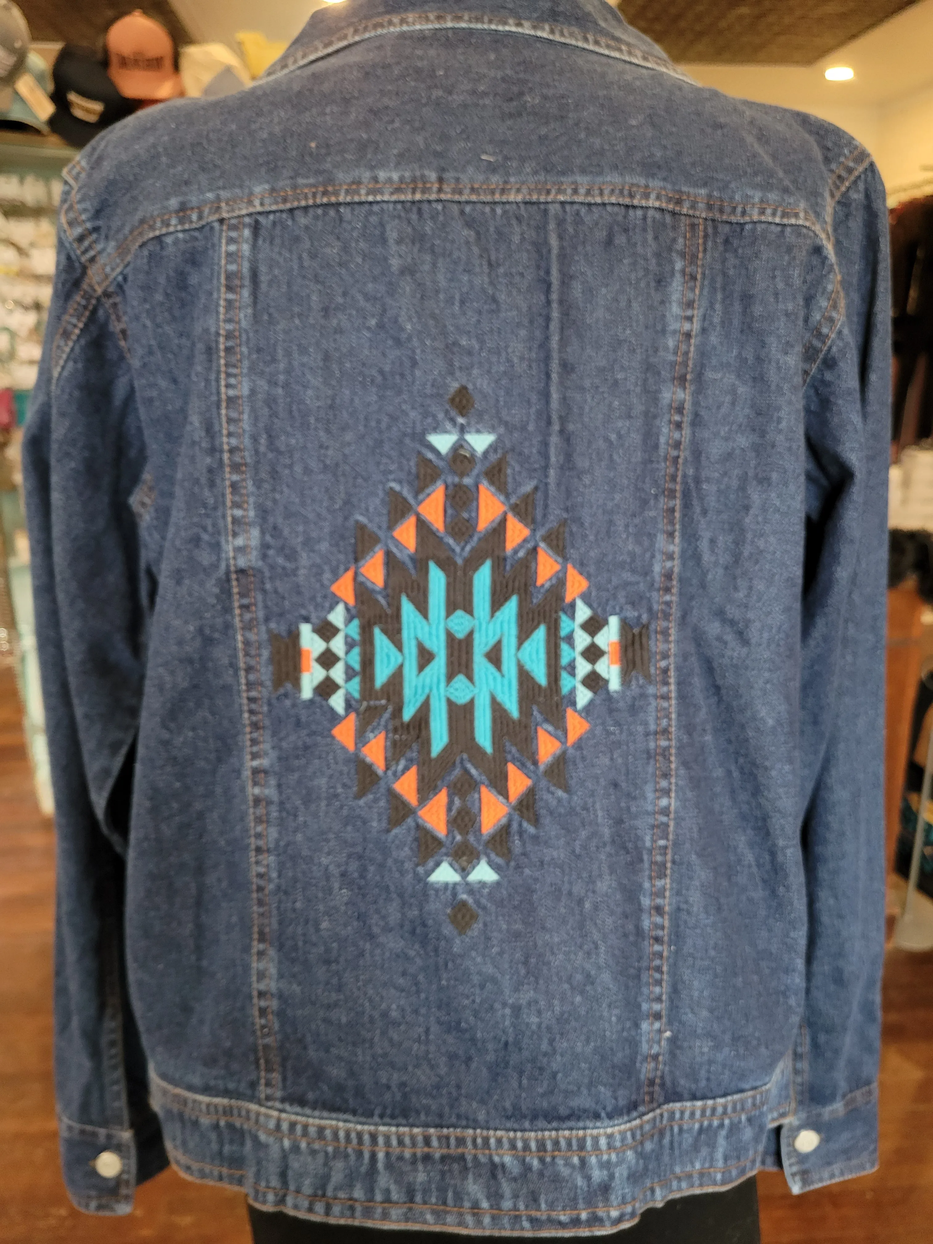 Embroidered Aztec Dark Denim Jacket