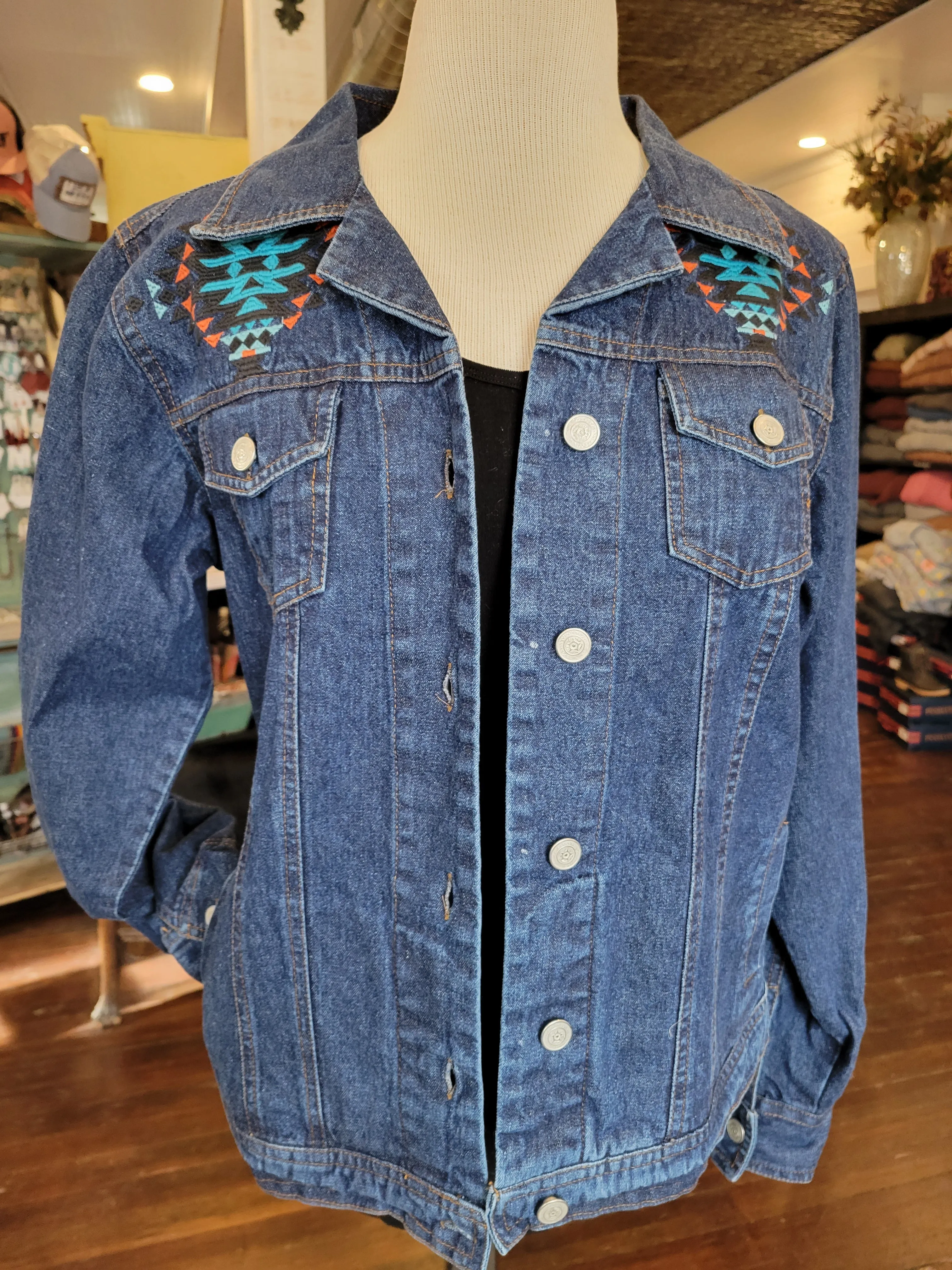 Embroidered Aztec Dark Denim Jacket