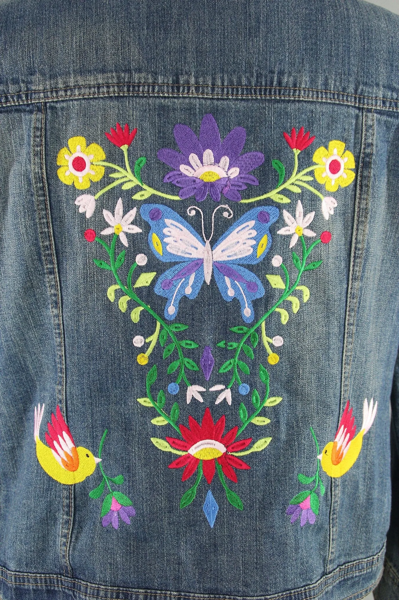 Embroidered Denim Jacket / Butterfly Birds Floral Folk Embroidery