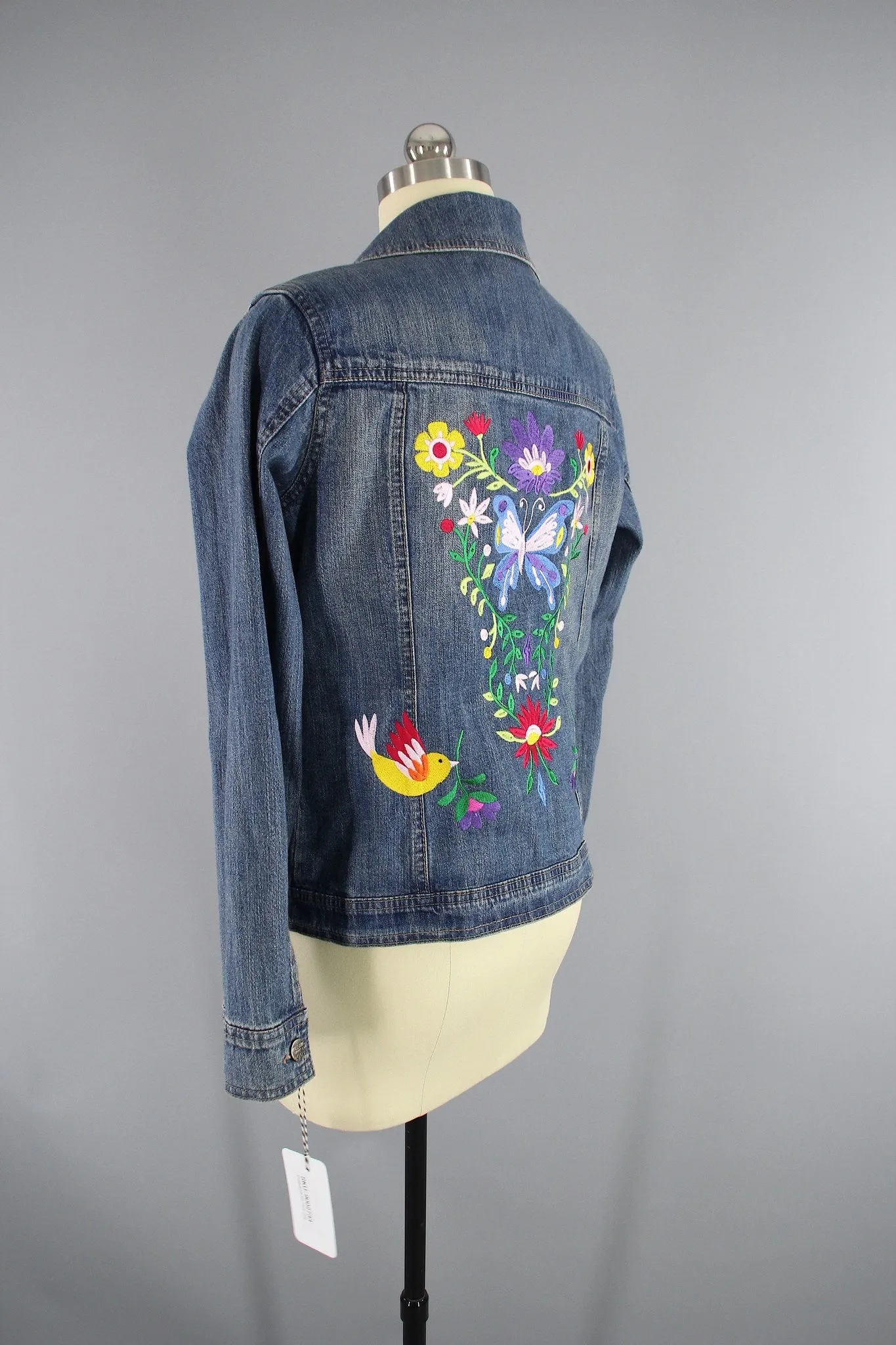 Embroidered Denim Jacket / Butterfly Birds Floral Folk Embroidery