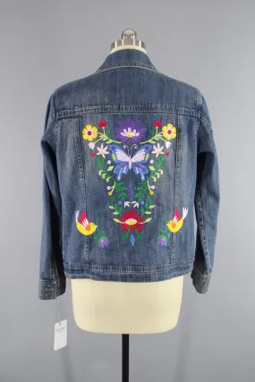 Embroidered Denim Jacket / Butterfly Birds Floral Folk Embroidery