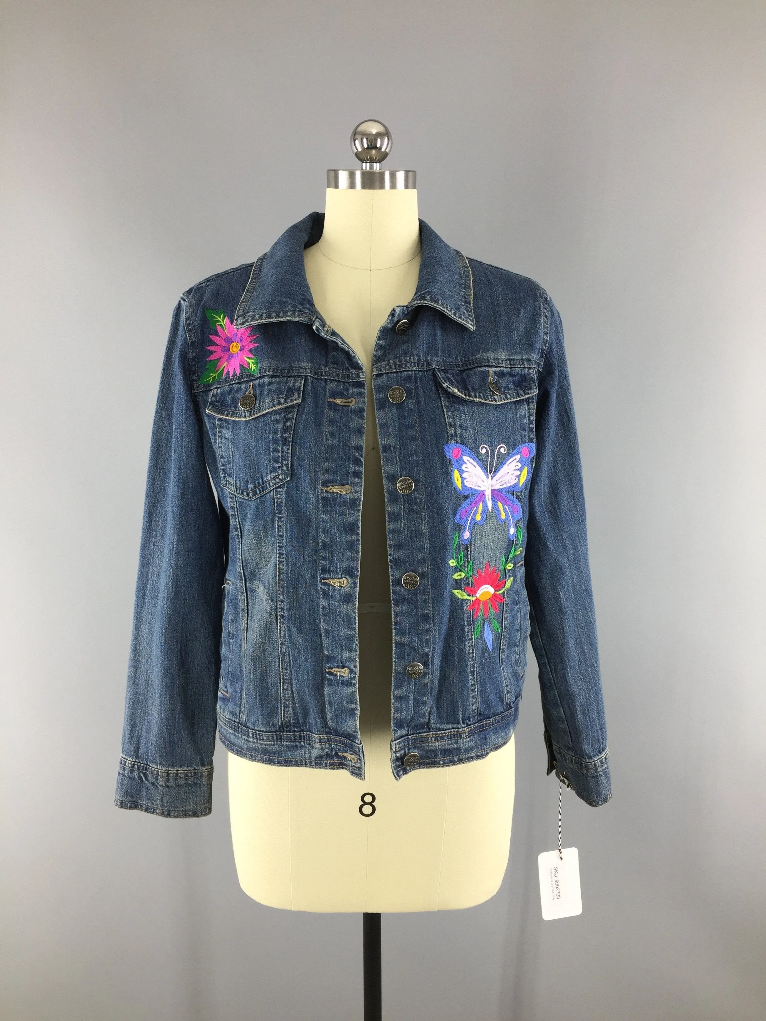 Embroidered Denim Jacket / Butterfly Birds Floral Folk Embroidery