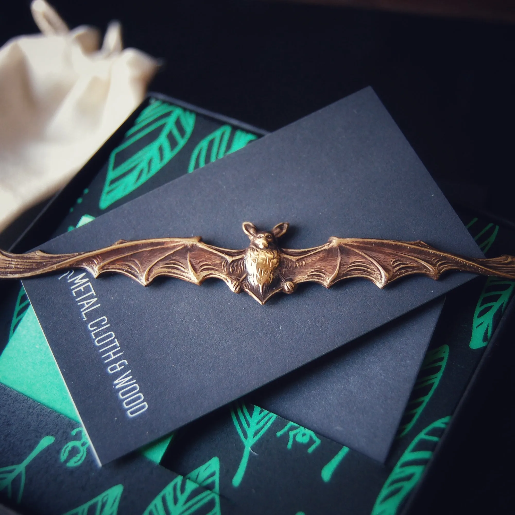 Extra Wide Gothic Brass Vampire Bat Brooch — Available in Both Bright Gold and Antiqued Brass Finishes