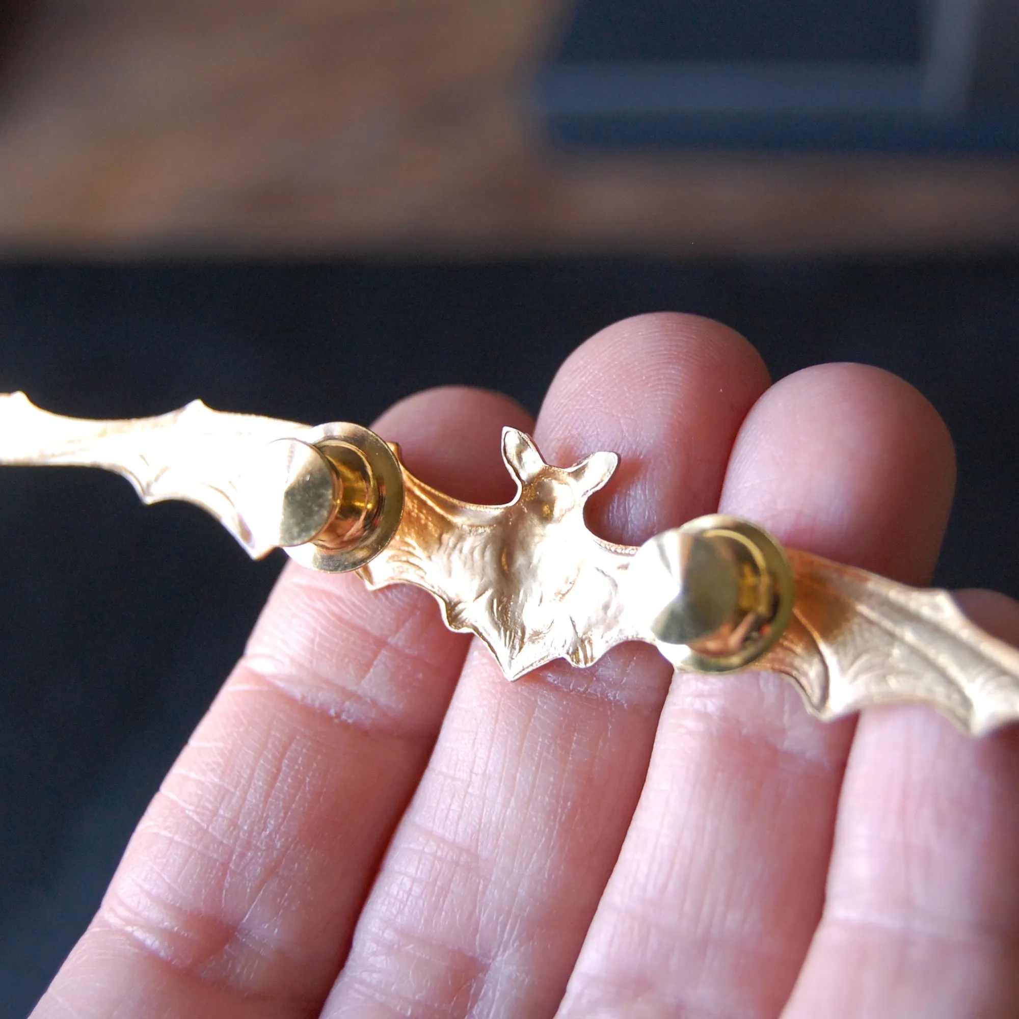 Extra Wide Gothic Brass Vampire Bat Brooch — Available in Both Bright Gold and Antiqued Brass Finishes