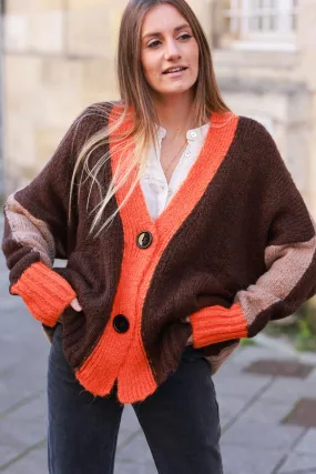 Gilet loose en maille mohair tricolore marron camel et orange